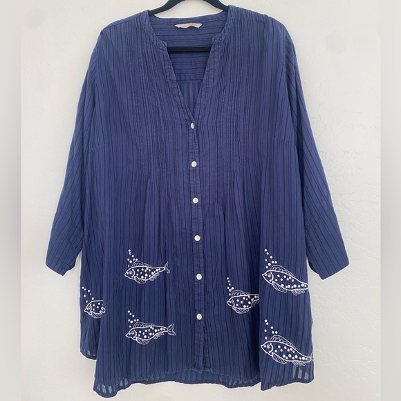 Soft Surroundings Blouse Women Plus Size Blue Beaded Embroidered White Fish - Picture 1 of 8